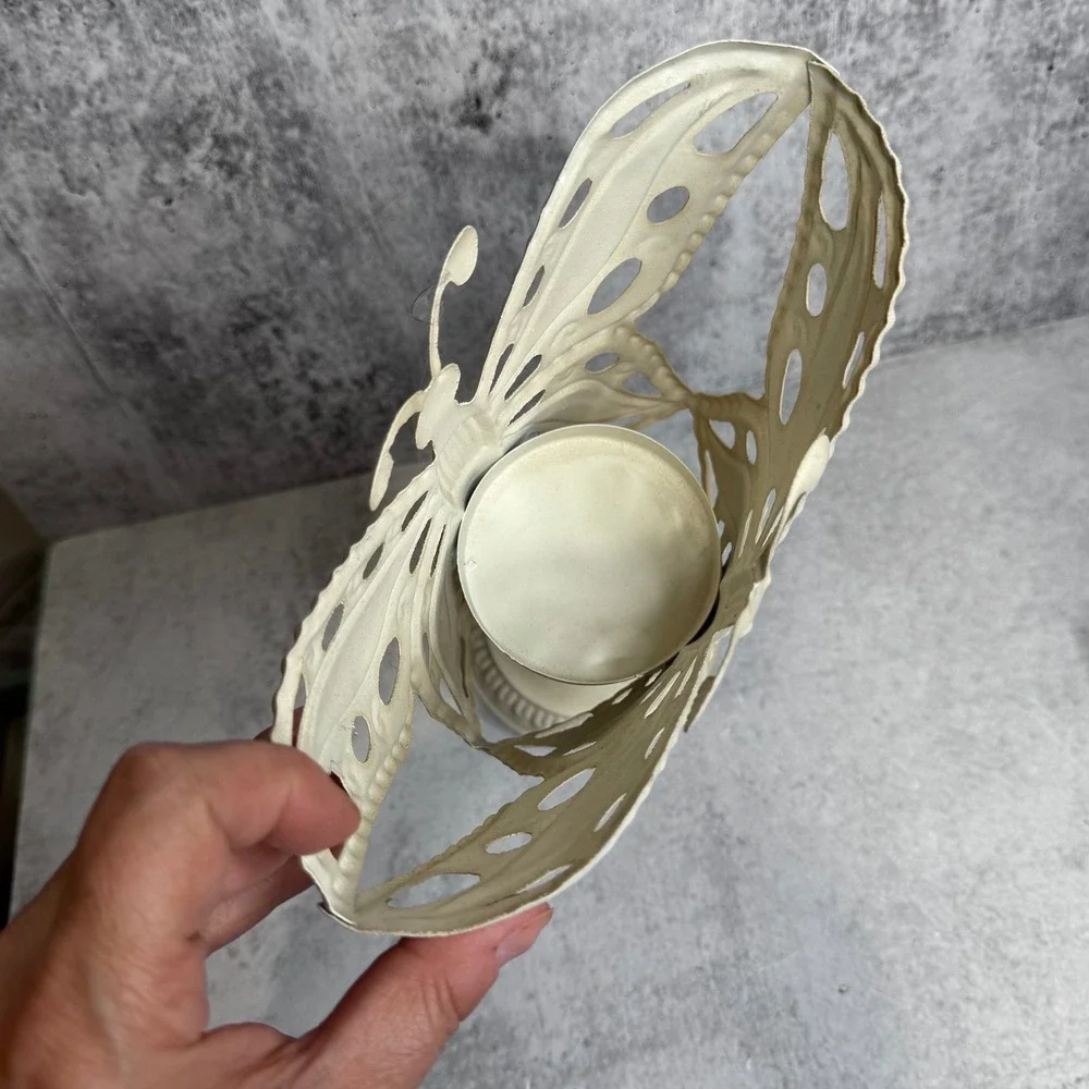 Cream Metal Butterfly Pillar Candle Holder Pedestal Distressed Shabby Chic